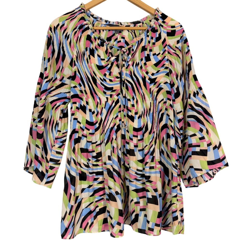 Ninety Clothing Co Womens Large Multicolor Plisse Pleated Bell Sleeve Blouse